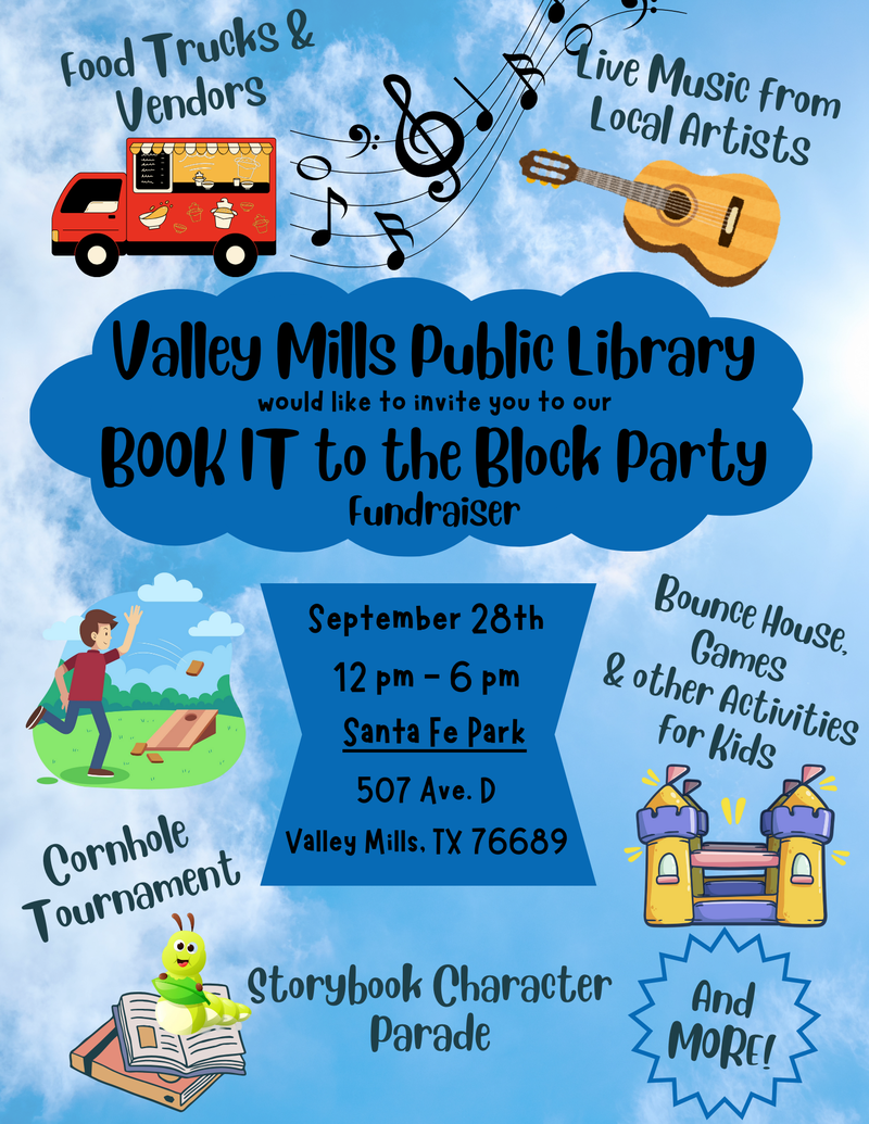 Book-it to the Block Party! Sept. 28, 2024 12:00 Noon - 6:00p.m. Book-it to the Block Party! Sept. 28, 2024 12:00 Noon - 6:00p.m.